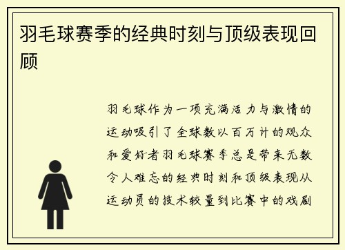 羽毛球赛季的经典时刻与顶级表现回顾